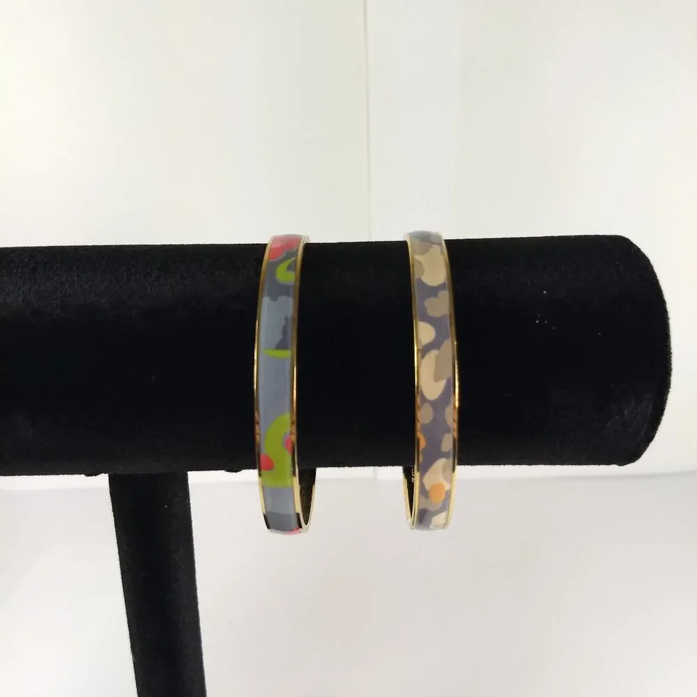 J. Crew Abstract Pattern Enamel Bangle Bracelet Set 2 Stackable Gold Tone Modern